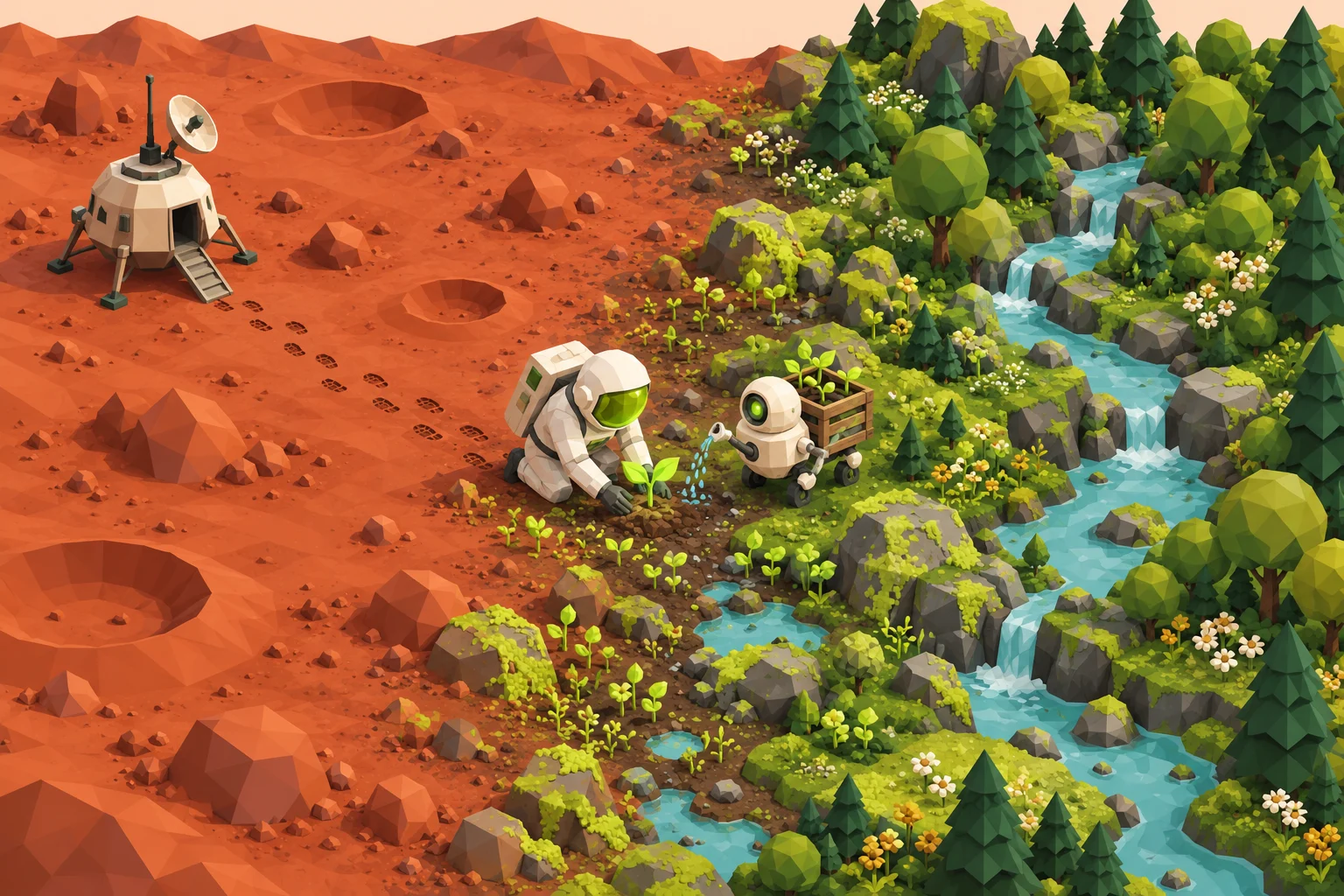 Astronauta e robô plantando mudas na divisa entre um deserto vermelho e uma floresta com rio