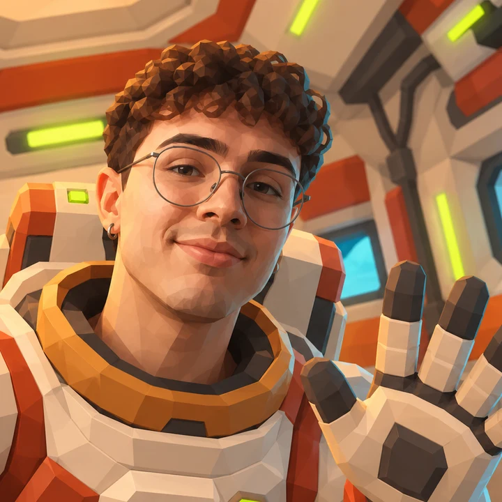 Iuri Valério em versão low-poly, vestido de astronauta, acenando pela escotilha