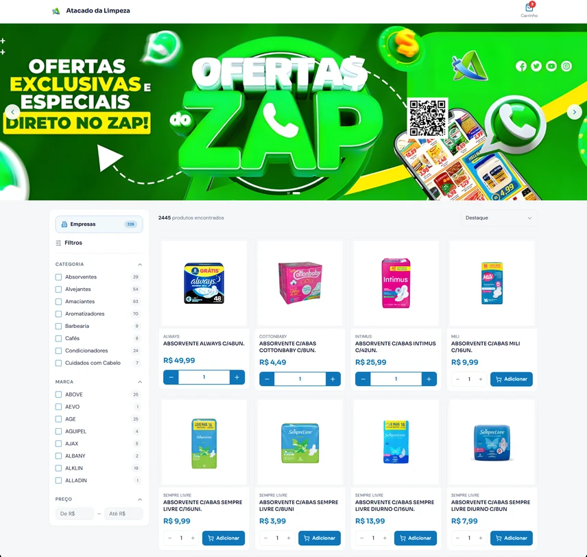 Página inicial do site Atacado da Limpeza, criado pela Ganxo