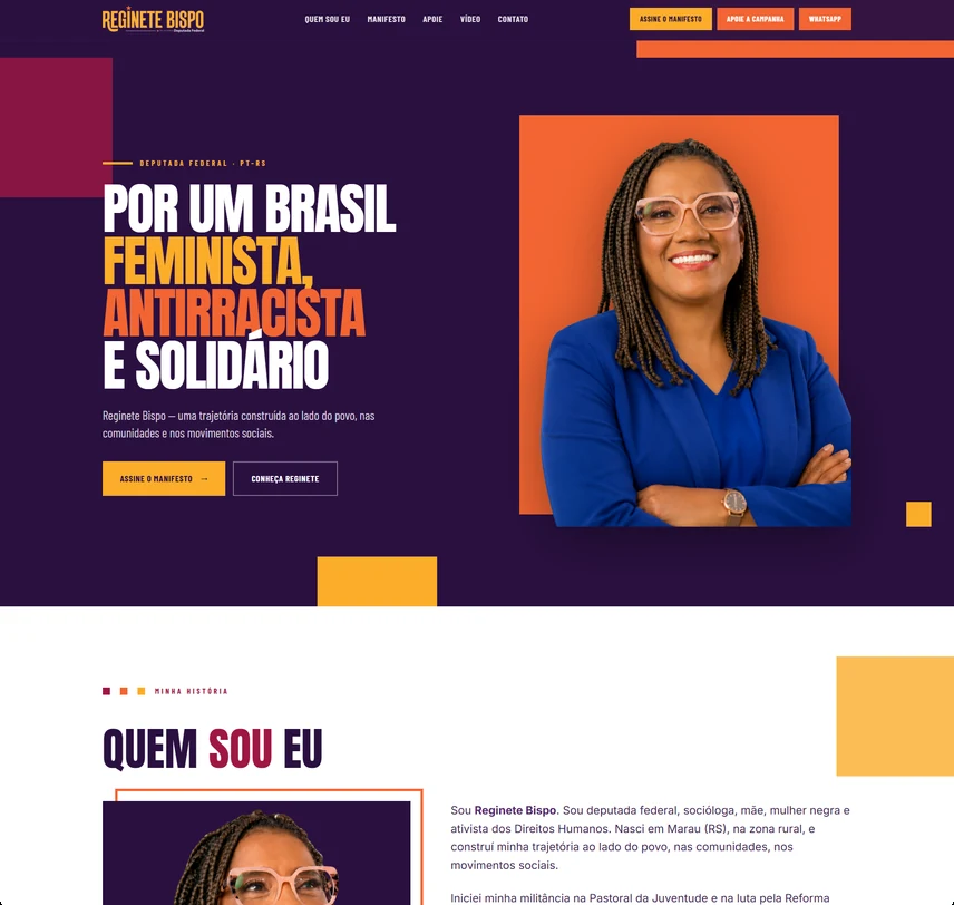 Página inicial do site Reginete Bispo, criado pela Ganxo